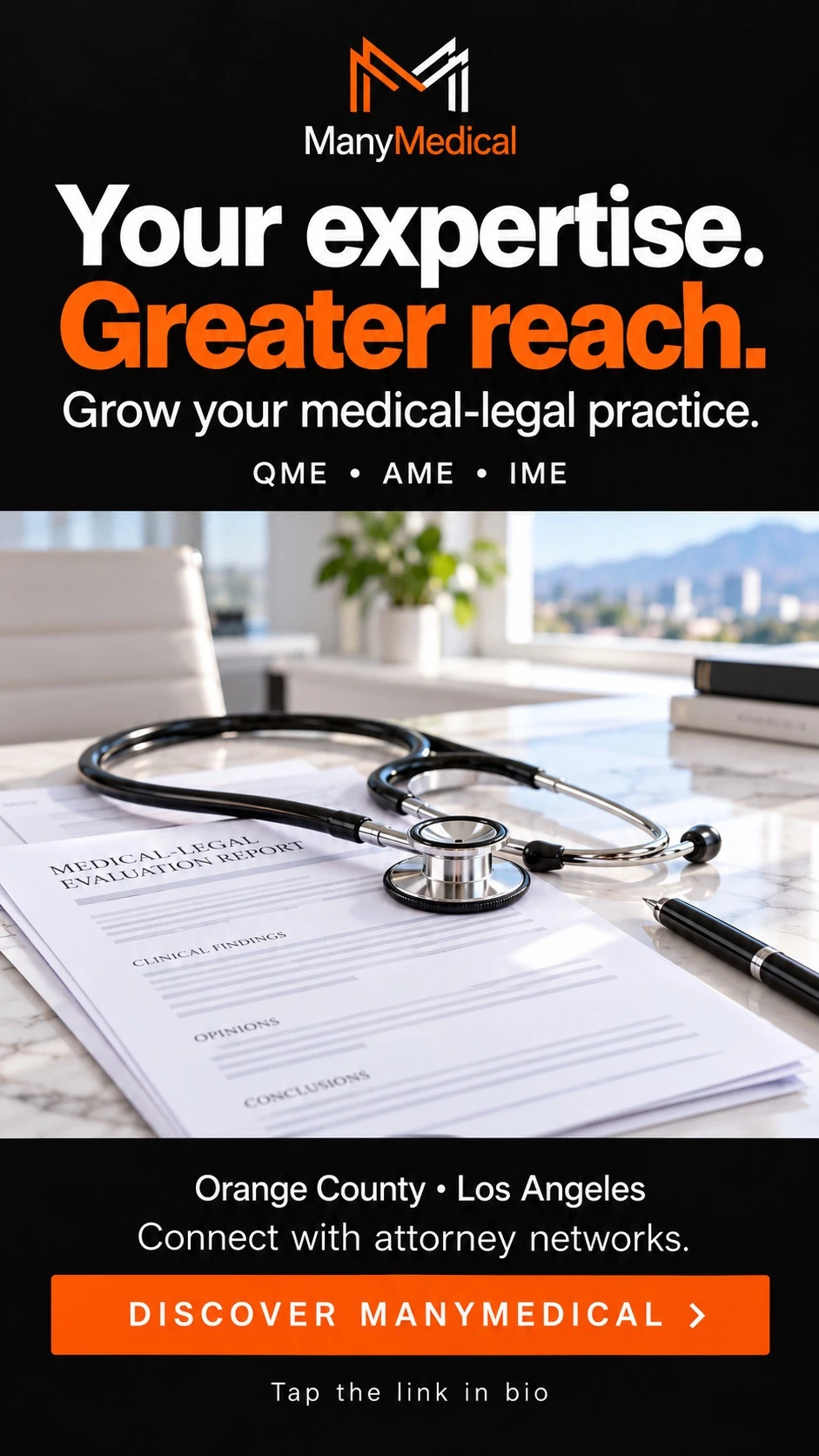 ManyMedical graphic with ‘Your expertise. Greater reach.’ above a stethoscope and medical-legal evaluation report, with an orange Discover ManyMedical banner.