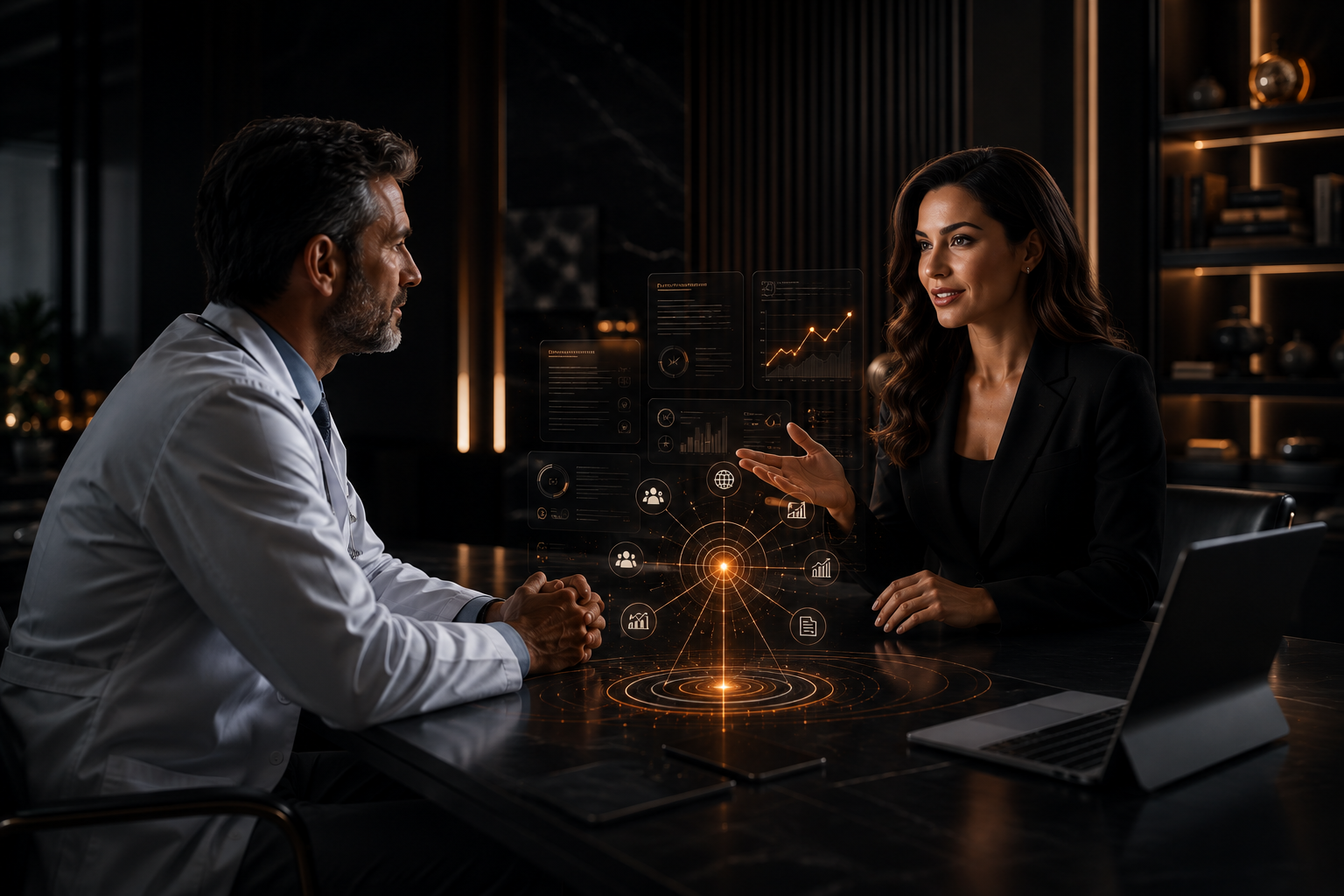Ania Alexakos reviewing an AI-driven growth system with a physician
