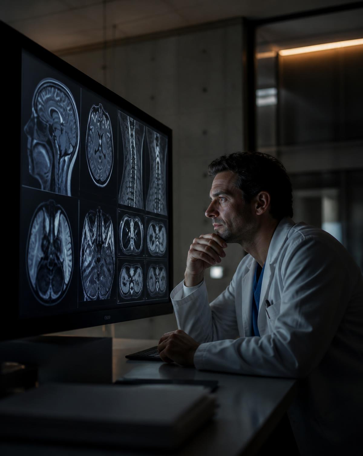 Physician studying diagnostic imaging on a large display in a modern reading room