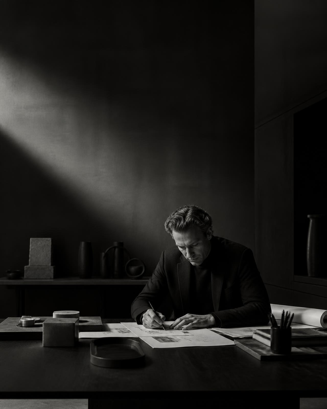 A professional working with focus at a large desk under a single shaft of light