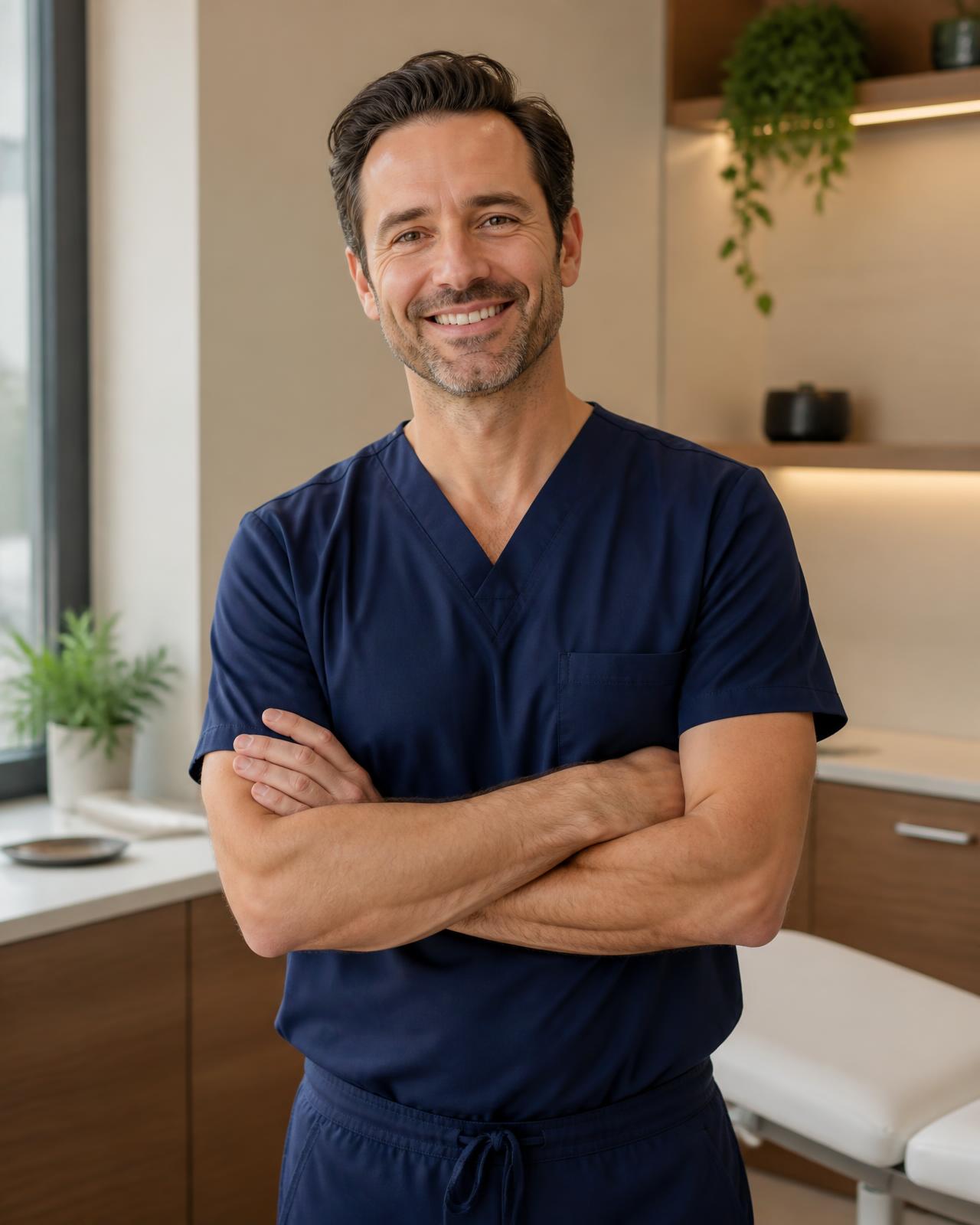 Smiling physician standing in his office wearing doctor scrubs
