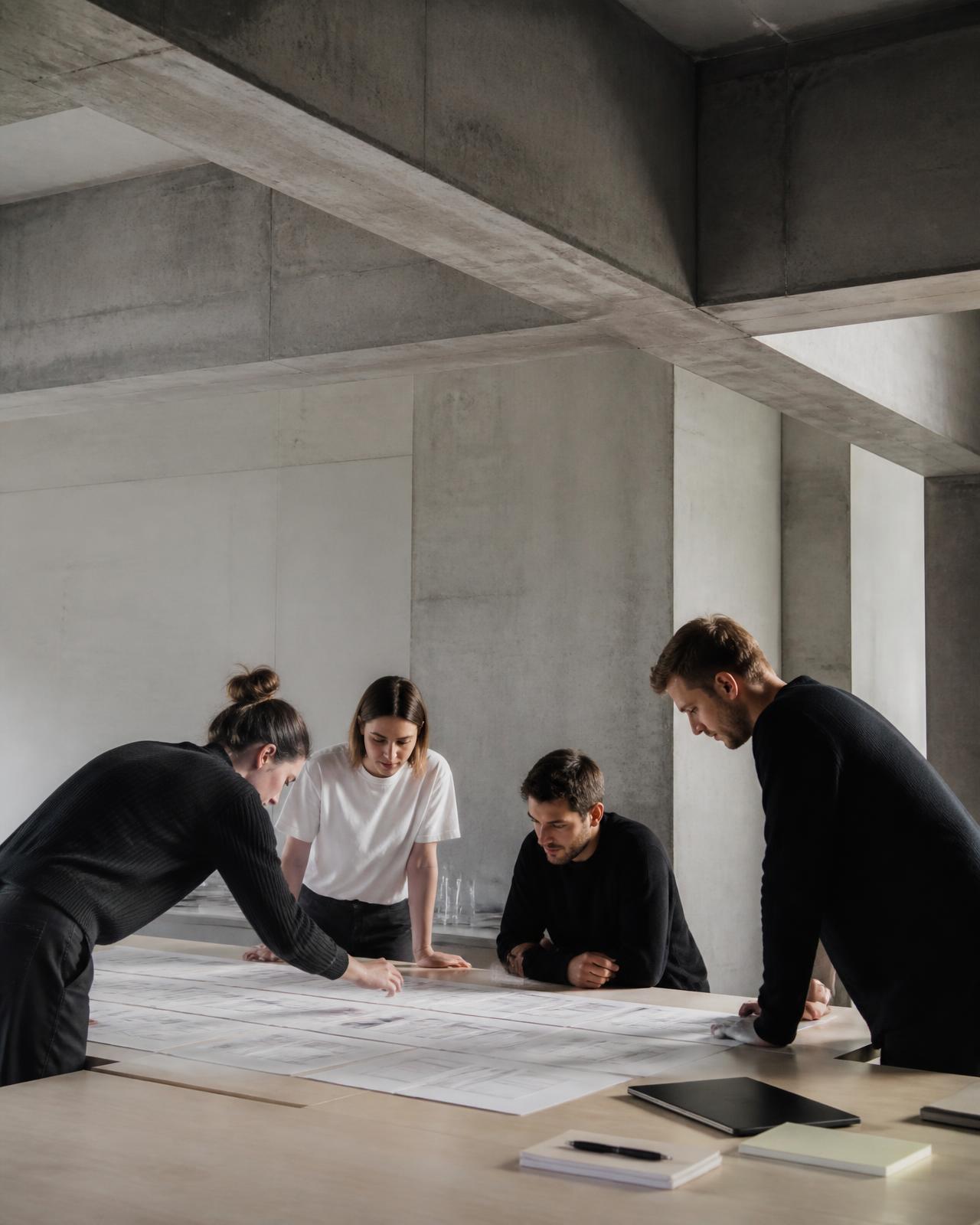 Four colleagues examining printed plans laid across a long table in a concrete space