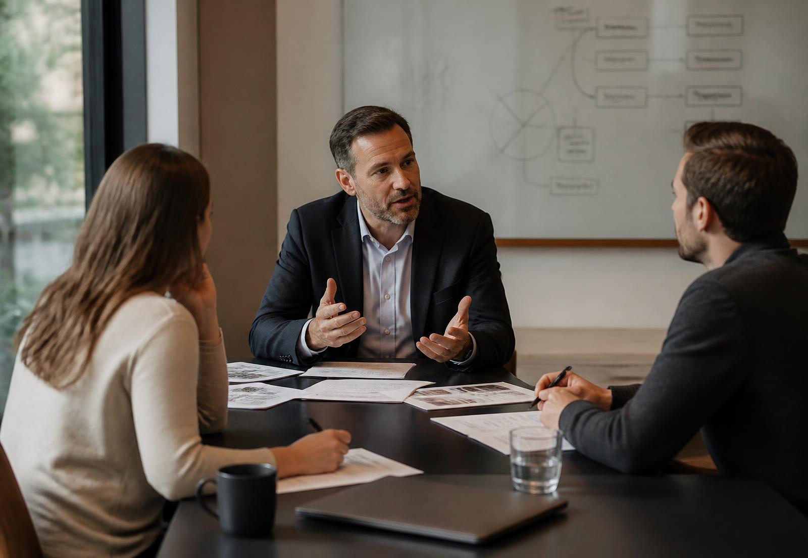 A physician leading a working strategy session with a marketing and media team