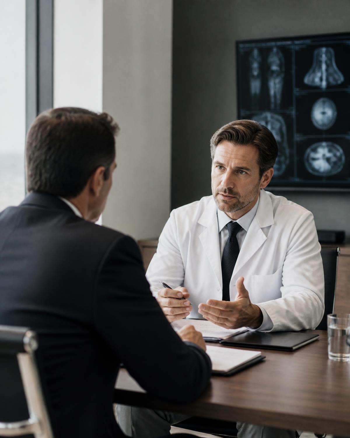 Physician in professional discussion with a business professional, imaging review in the background
