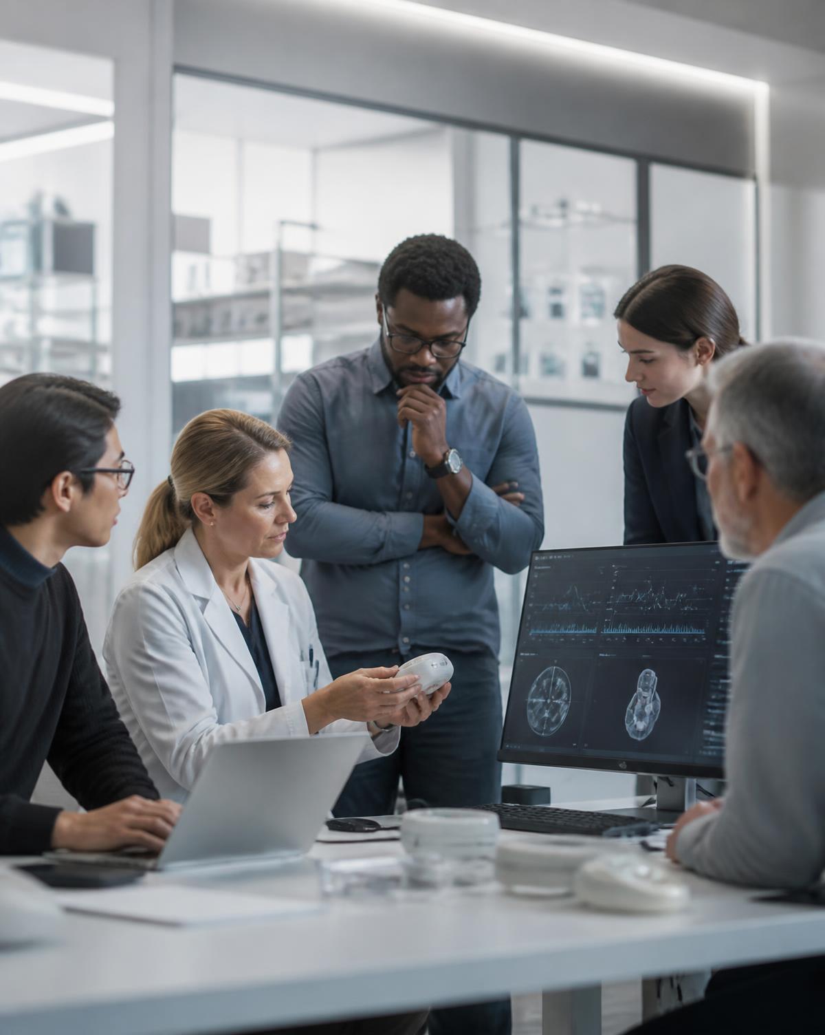 Clinicians and engineers reviewing healthcare device data together